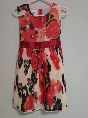 Girls Red Floral Pleated Satin-Waist Party Dress